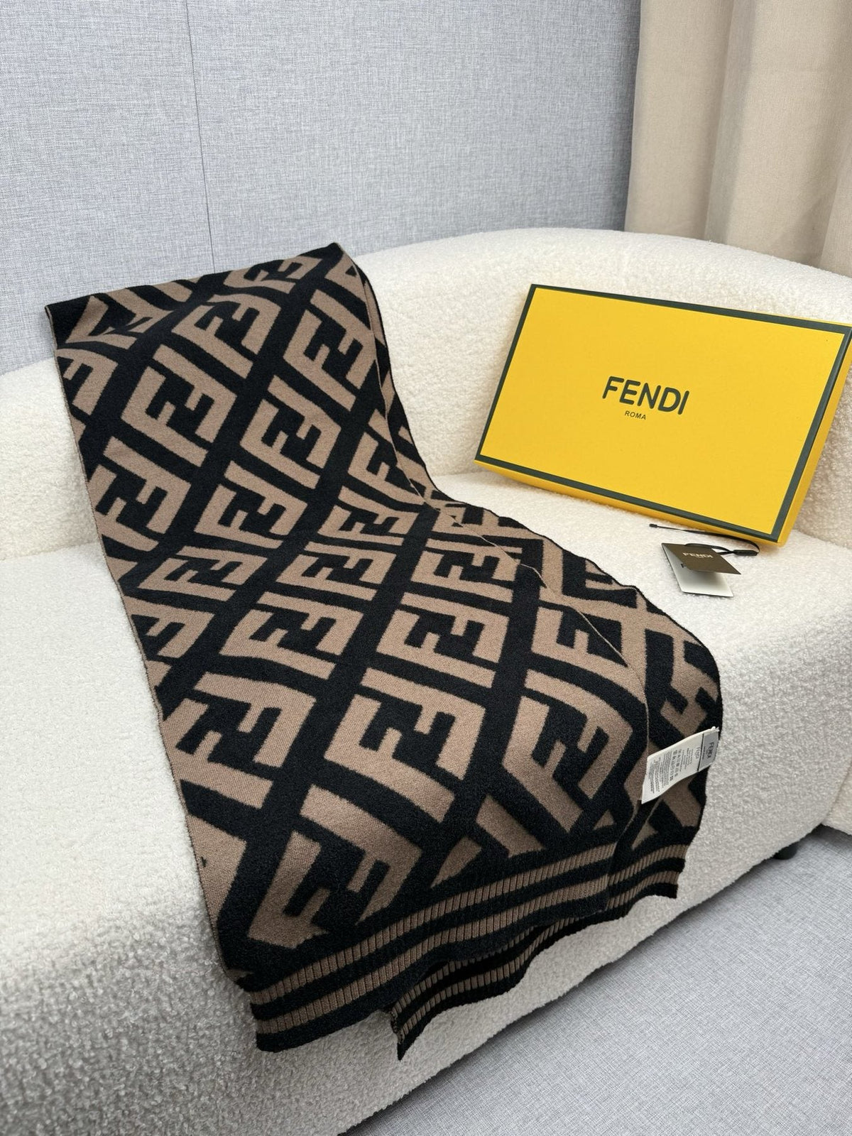 Fendi Black and Tan Monogram Knit Scarf