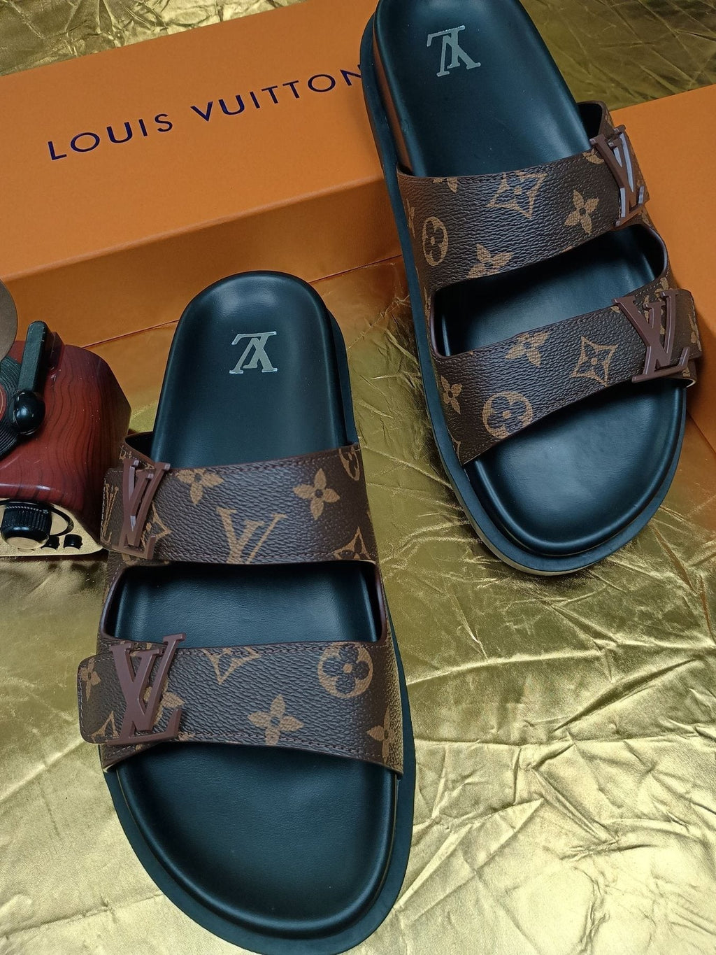 Louis Vuitton Monogram Double-Strap Slide Sandals - Dark Brown and Black
